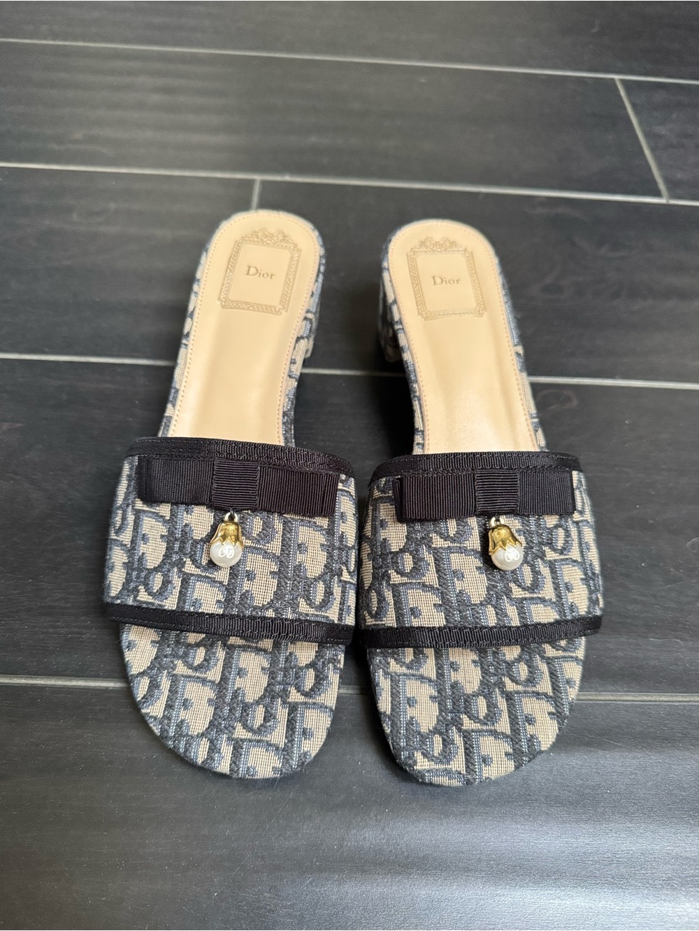Women's Navy Canvas Oblique Monogram Dior Logo with Bow Sandals size 8.5-9 - Picture 5 of 9